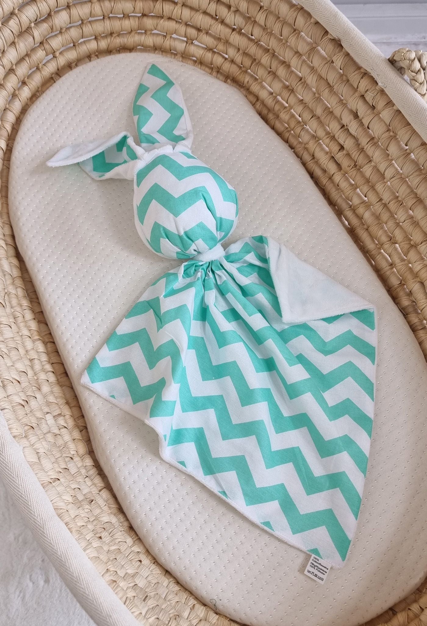DOUDOU Cuddly bunny double-sided cotton and minky - Mint chevron - white