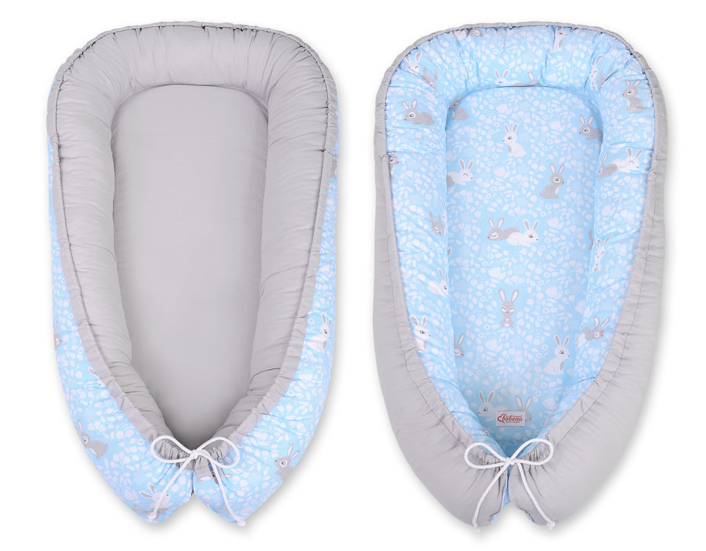 Baby nest double-sided Premium Cocoon for infants BOBONO- blue rabbits/gray