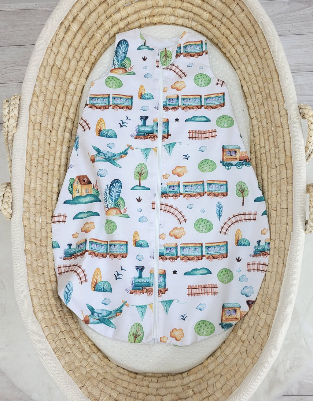 Cotton baby sleeping bag S 0-6 months for summer TOG 1.0 - turquoise train