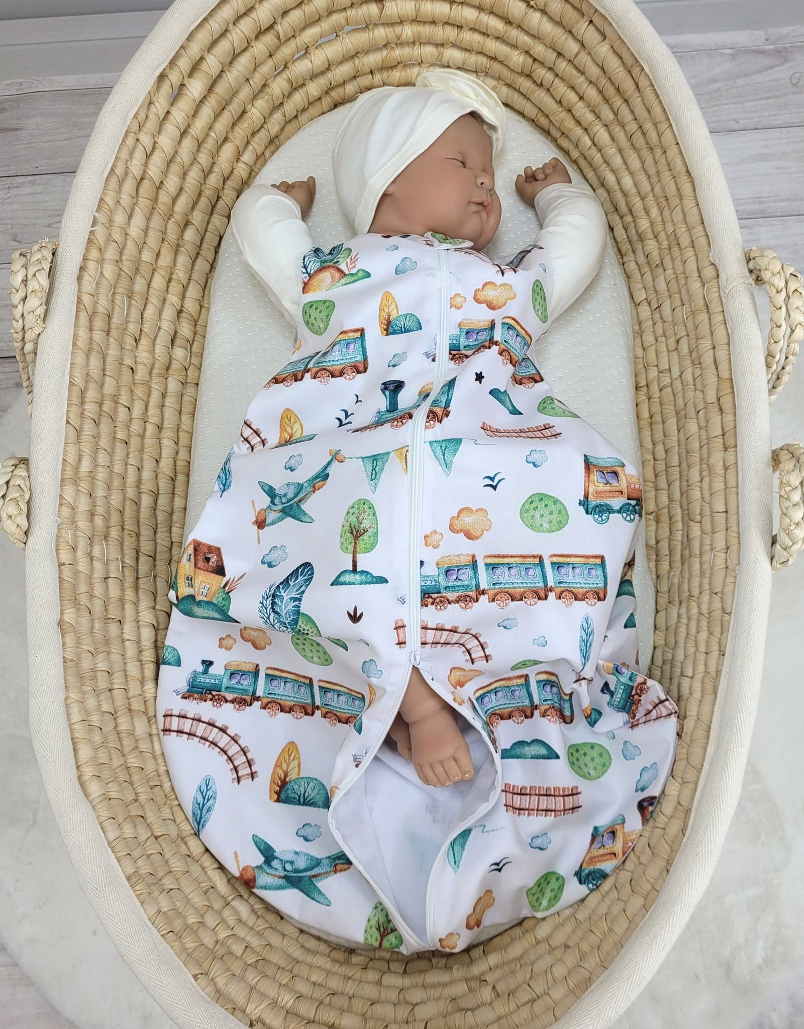 Cotton baby sleeping bag S 0-6 months for summer TOG 1.0 - turquoise train
