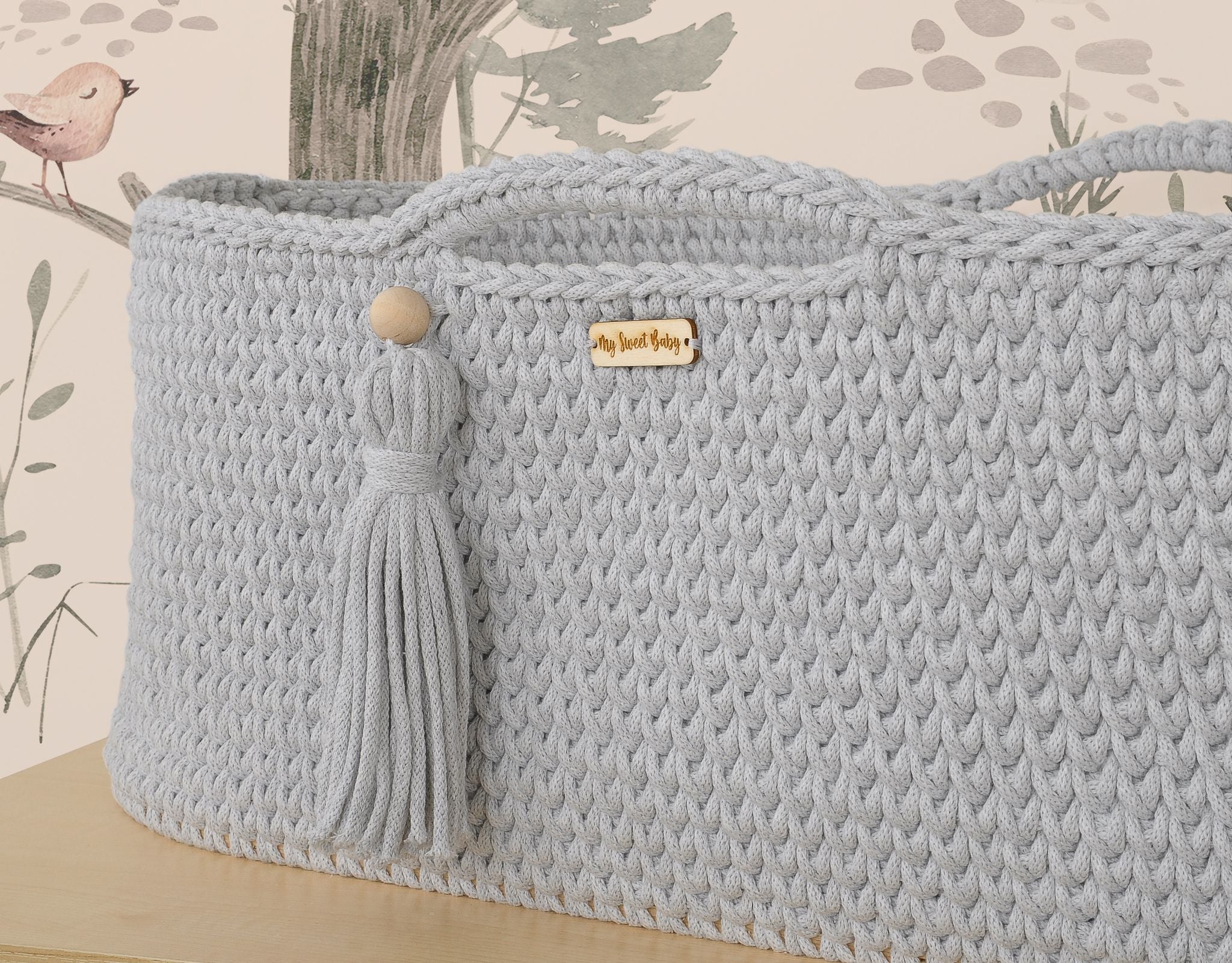 Moses basket BOHO Handmade cotton with mattress - gray