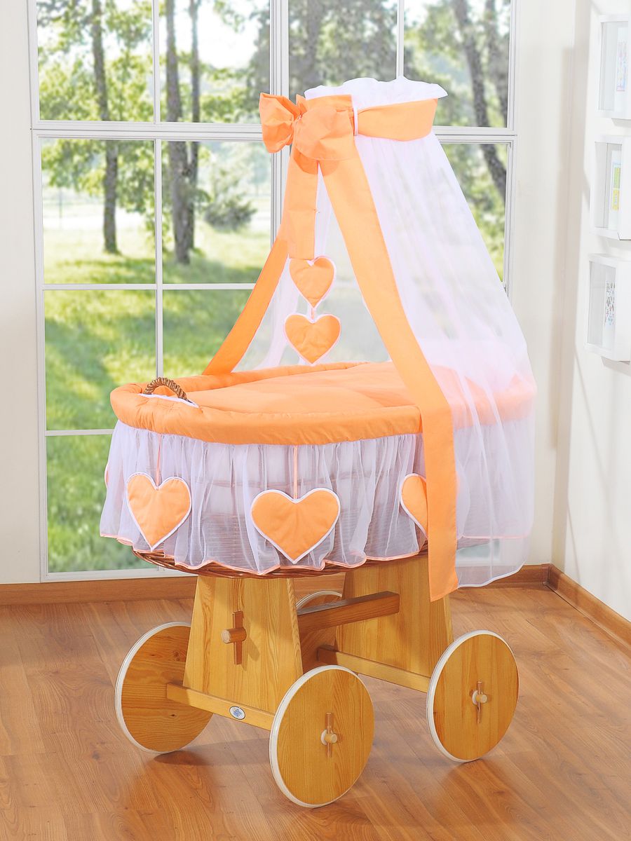 Moses Basket Wicker drape crib Amelie - natural + peach bedding