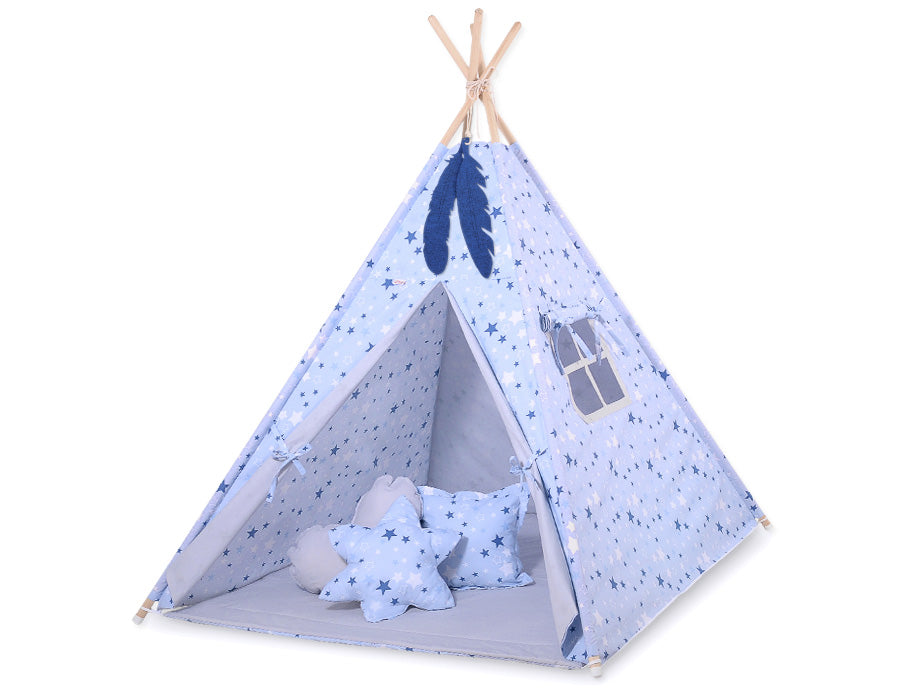 Double-sided teepee playmat- blue-navy blue stars/gray
