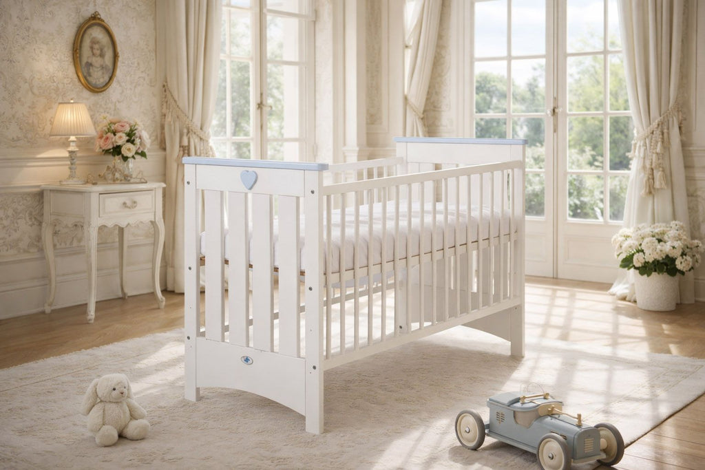 Wooden baby cot120x60cm Lorenzo III white-blue, with teething rail
