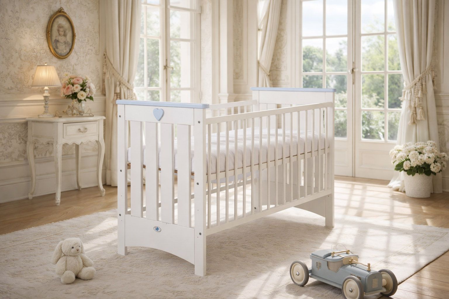 Wooden baby cot120x60cm Lorenzo III white-blue, with teething rail
