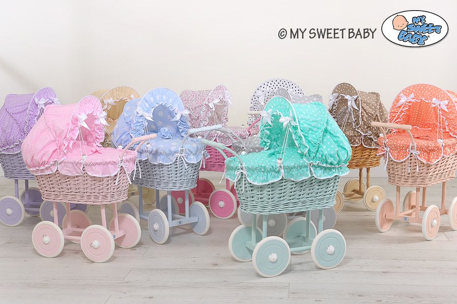 Wicker dolls' pram with mint bedding and padding - white