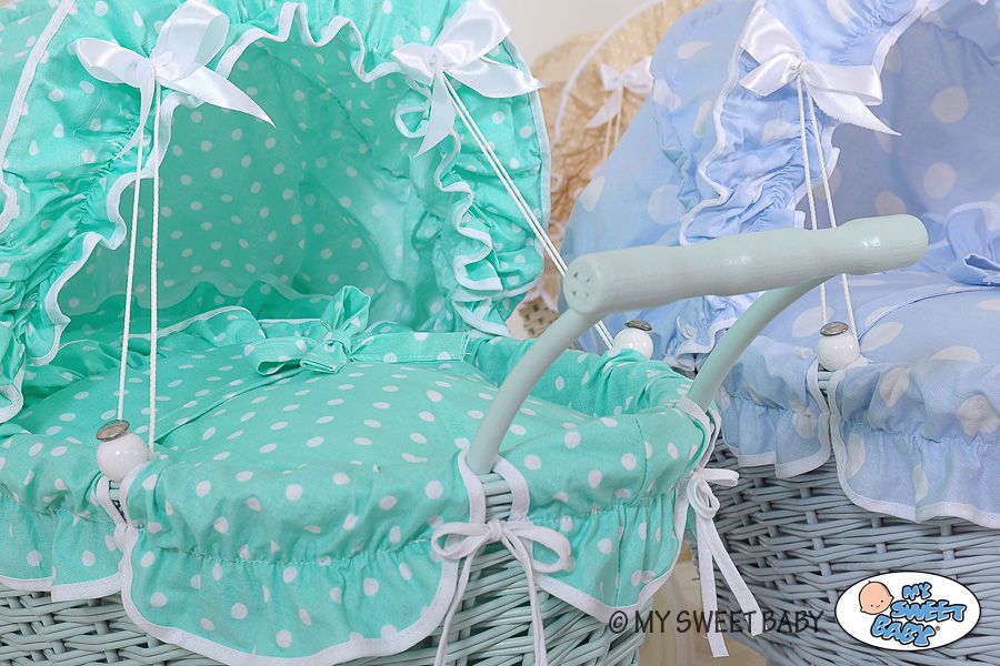 Wicker dolls' pram with mint bedding and padding - white