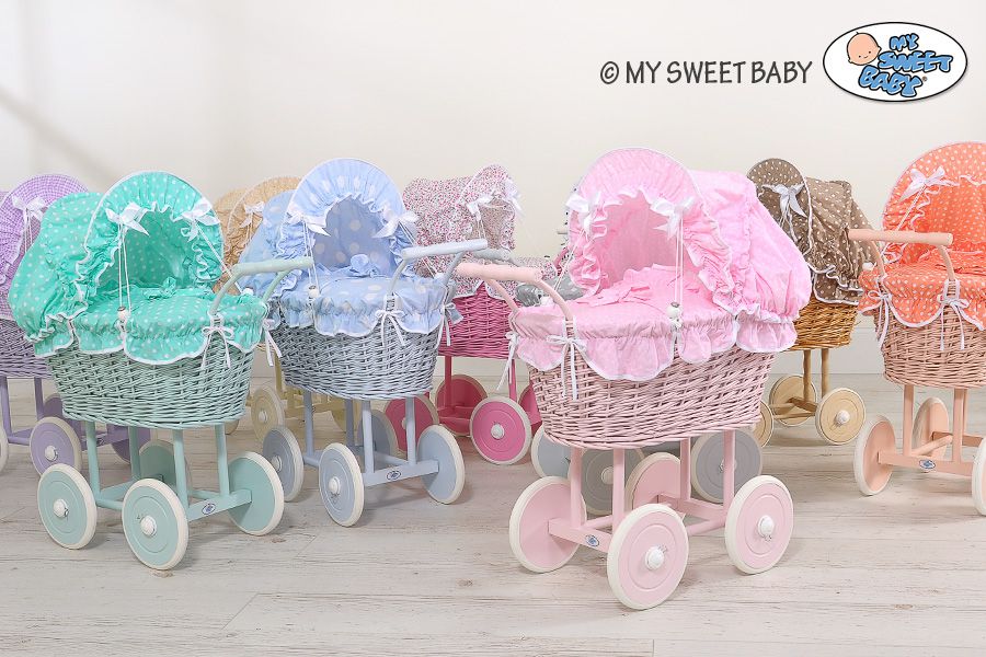 Wicker dolls' pram with pink bedding and padding NATALIA natural