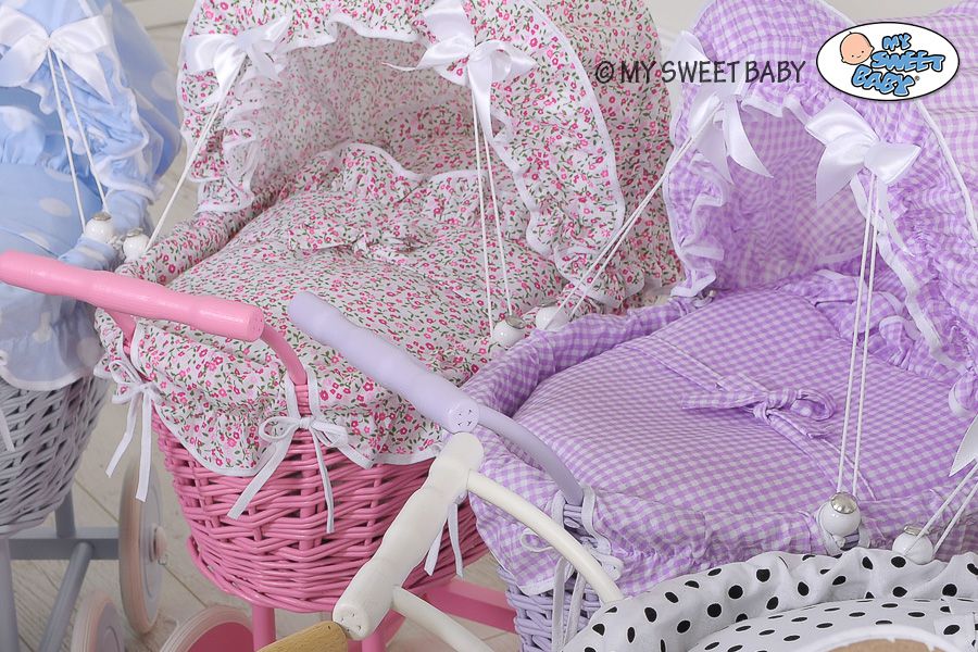 Wicker dolls' pram with pink bedding and padding NATALIA natural