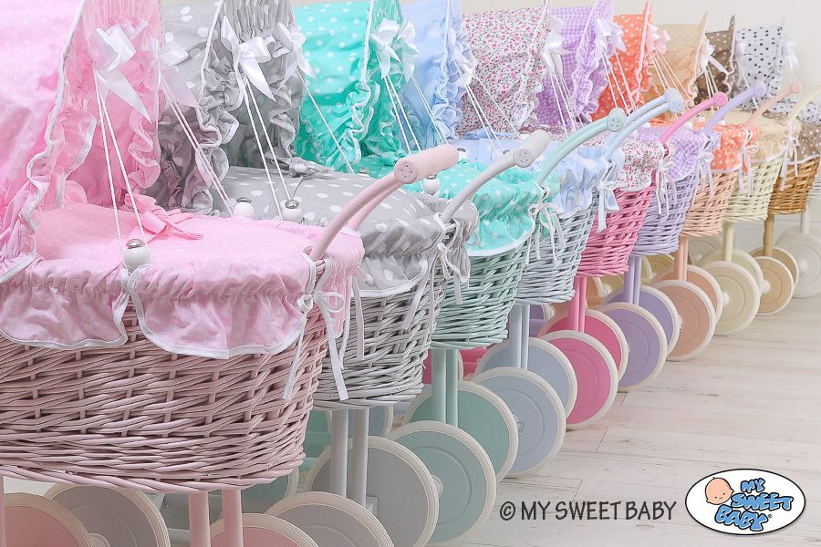 Wicker dolls' pram with grey bedding and padding - white