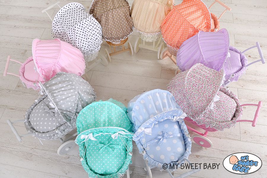 Wicker dolls' pram with pink bedding and padding NATALIA natural