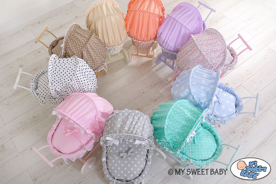 Wicker dolls' pram with turquoise bedding and padding - white