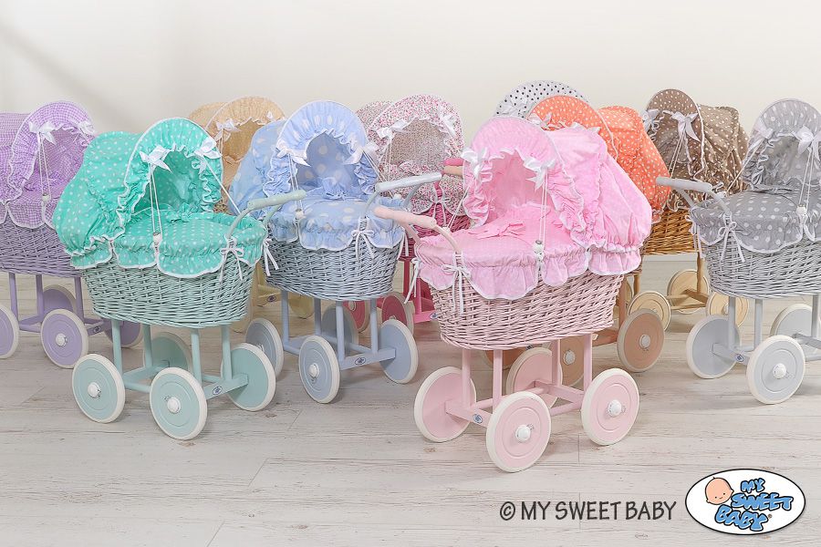 Wicker dolls' pram with pink bedding and padding - white