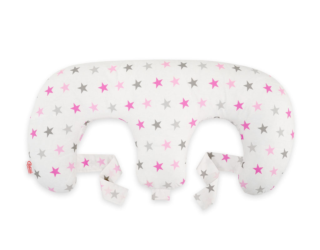 Twin nursing pillow, Breastfeeding Croissant Pillow, removable, Hands-Free Feeding- Grey-pink stars