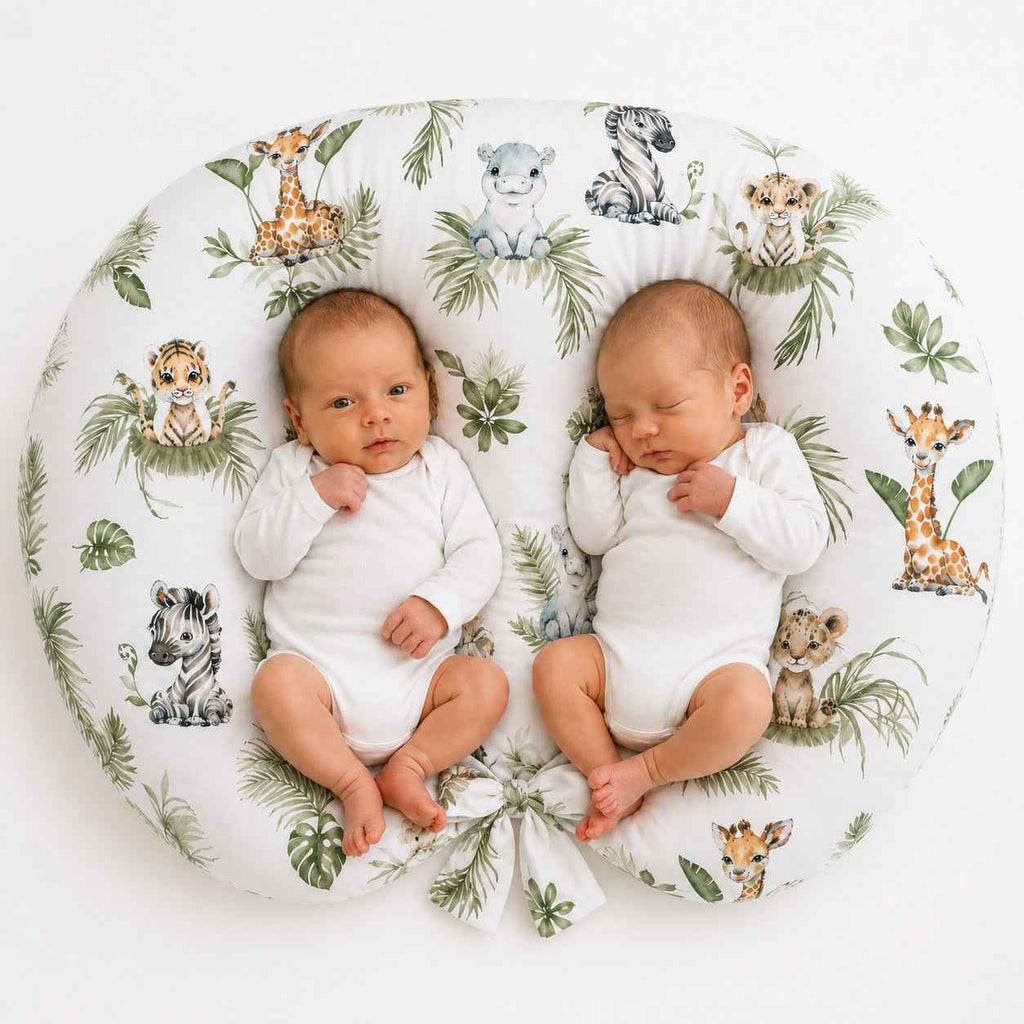 Twin nursing pillow, Breastfeeding Croissant Pillow, removable, Hands-Free Feeding- Little Safari