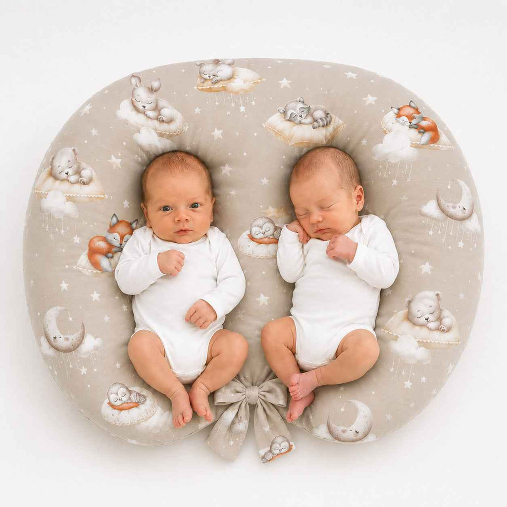 Twin nursing pillow, Breastfeeding Croissant Pillow, removable, Hands-Free Feeding- Twinkle Woodland