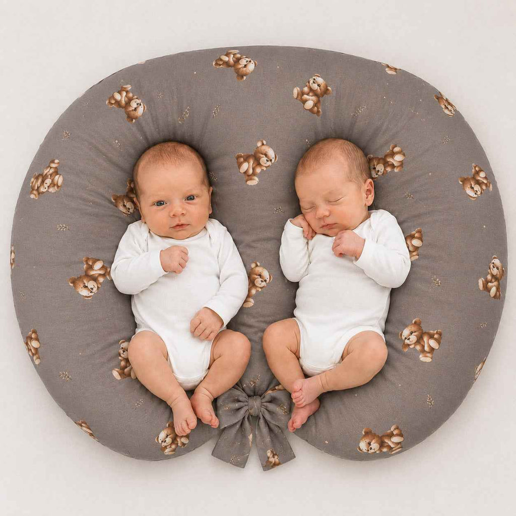 Twin nursing pillow, Breastfeeding Croissant Pillow, removable, Hands-Free Feeding- Toffee Teddy