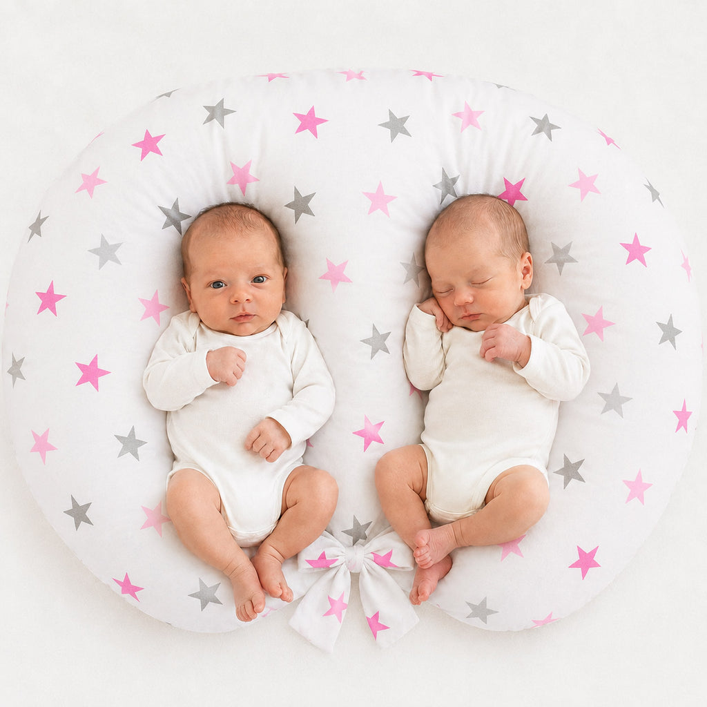 Replacement Cover for Bobono Twin Nursing Pillow – 100% Cotton - Grey-pink stars