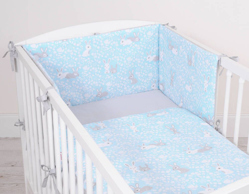 Double-sided baby cotton bedding set 2-pcs 120x90 - blue rabbits/gray