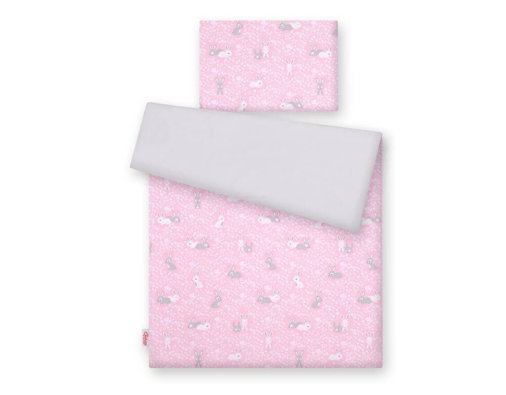 Baby cotton bedding set 2-pcs 135x100 cm- pink rabbits/grey