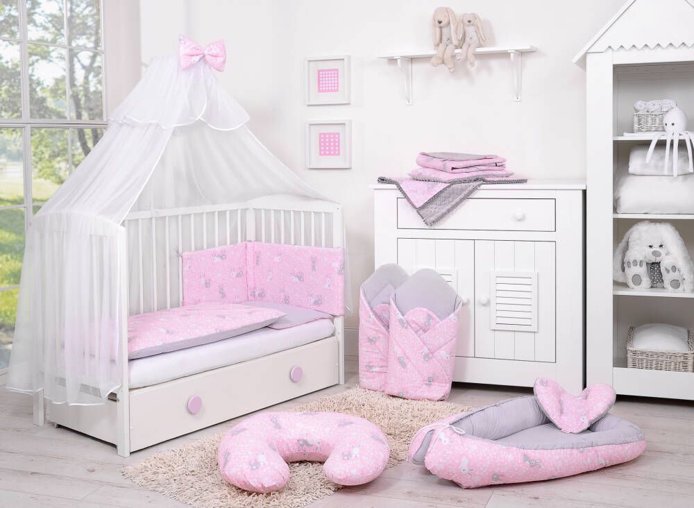 Baby cotton bedding set 2-pcs 120x90 cm- pink rabbits/grey
