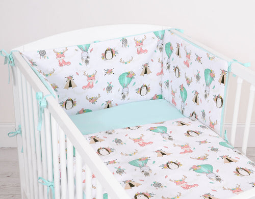 Baby cotton bedding set 2-pcs 135x100 cm- foxes beige/mint