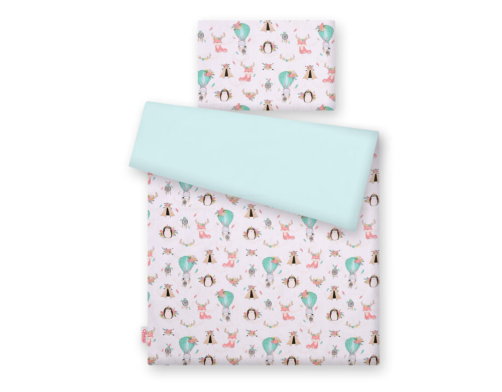Baby cotton bedding set 2-pcs 135x100 cm- foxes beige/mint