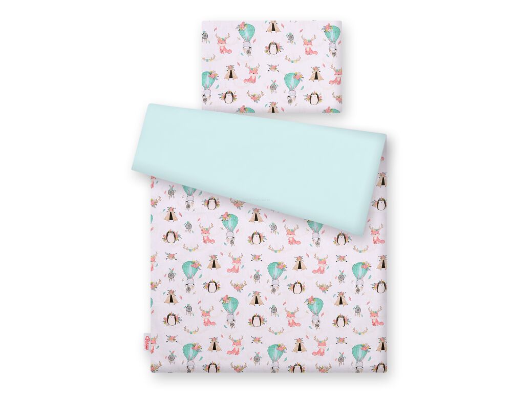 Baby cotton bedding set 2-pcs 120x90 cm- foxes beige/mint