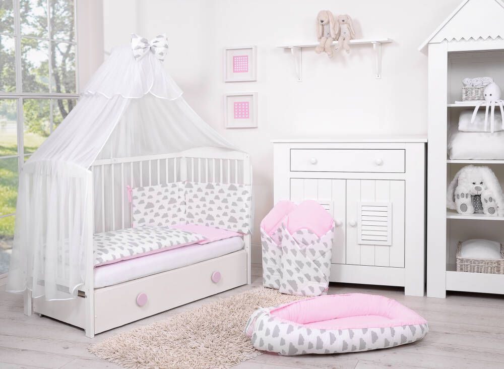 Baby cotton bedding set 2-pcs  - clouds gray/pink