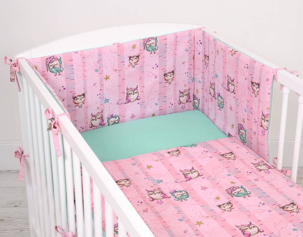 Bedding set 2-pcs 135x100 cm- owls pink-mint