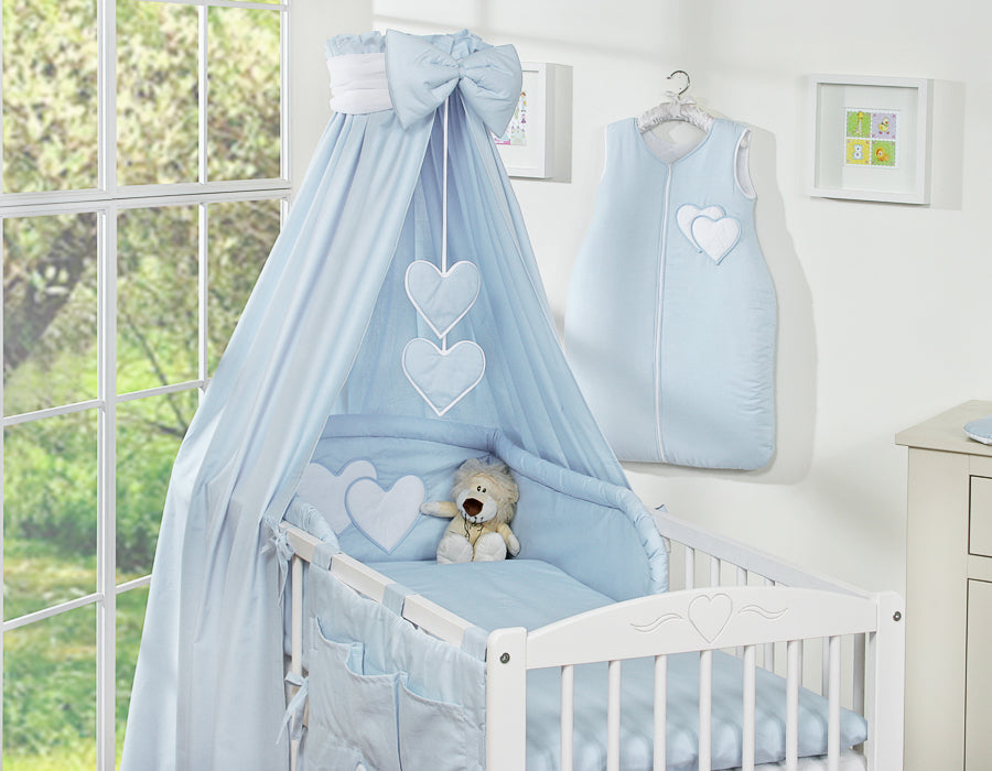 Bedding set 5-pcs 120x90 with canopy - Hanging Hearts blue