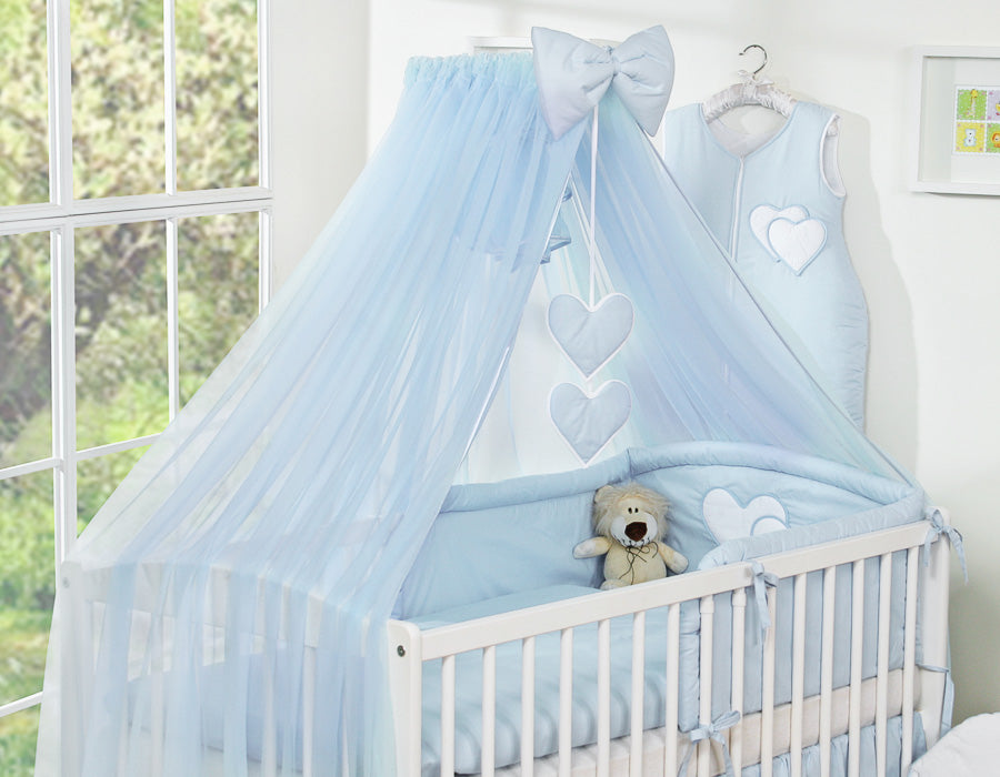 Large mosquito net for baby's bed made of chiffon with hanging hearts and a bow - blue