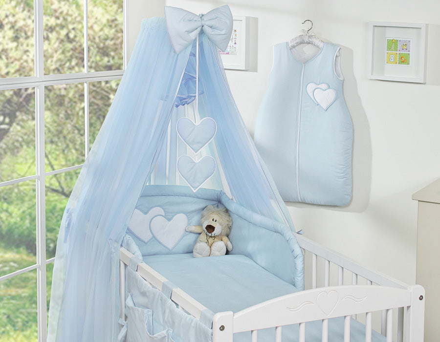 Large mosquito net for baby's bed made of chiffon with hanging hearts and a bow - blue