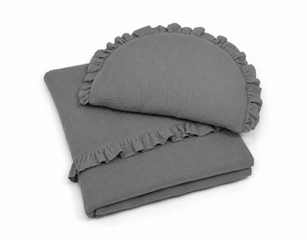 Duvet and a flat pillow MUSLIN with a frill- 2pcs set - anthracite