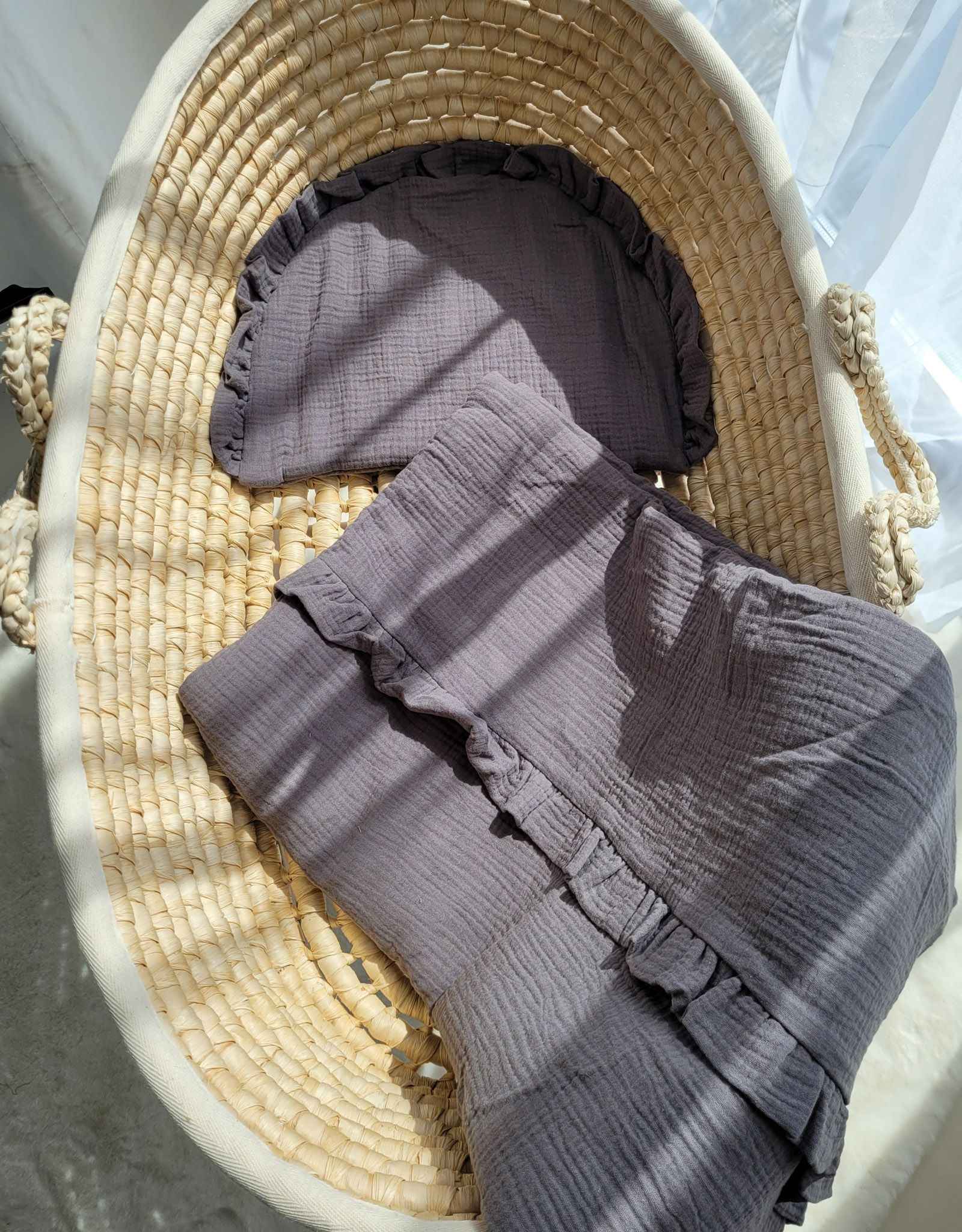 Duvet and a flat pillow MUSLIN with a frill- 2pcs set - anthracite
