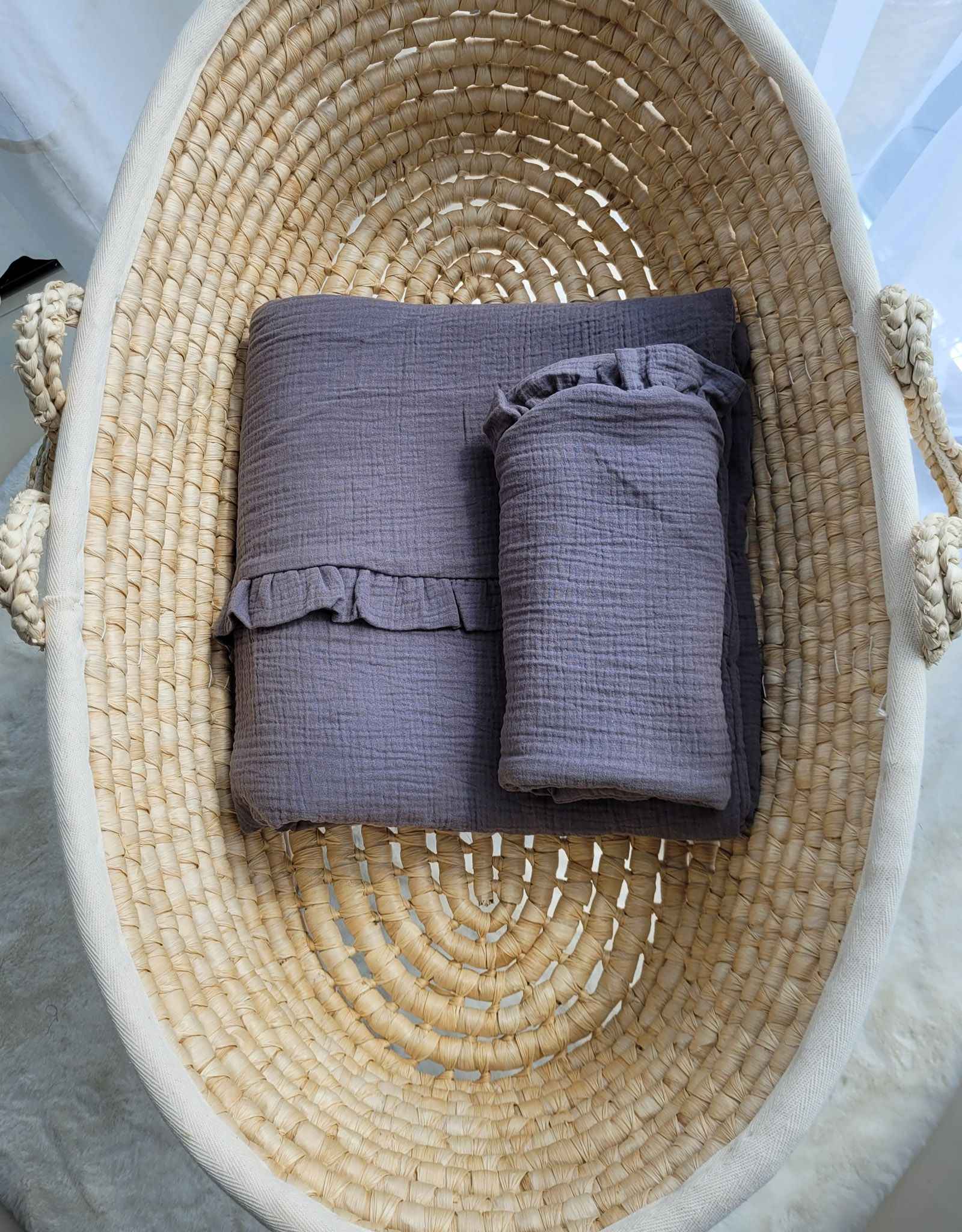 Duvet and a flat pillow MUSLIN with a frill- 2pcs set - anthracite