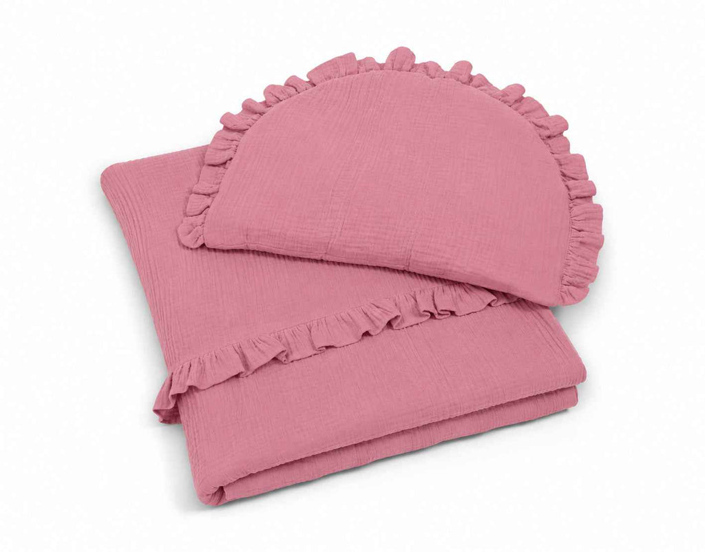Duvet and a flat pillow MUSLIN with a frill- 2pcs set - retro pink