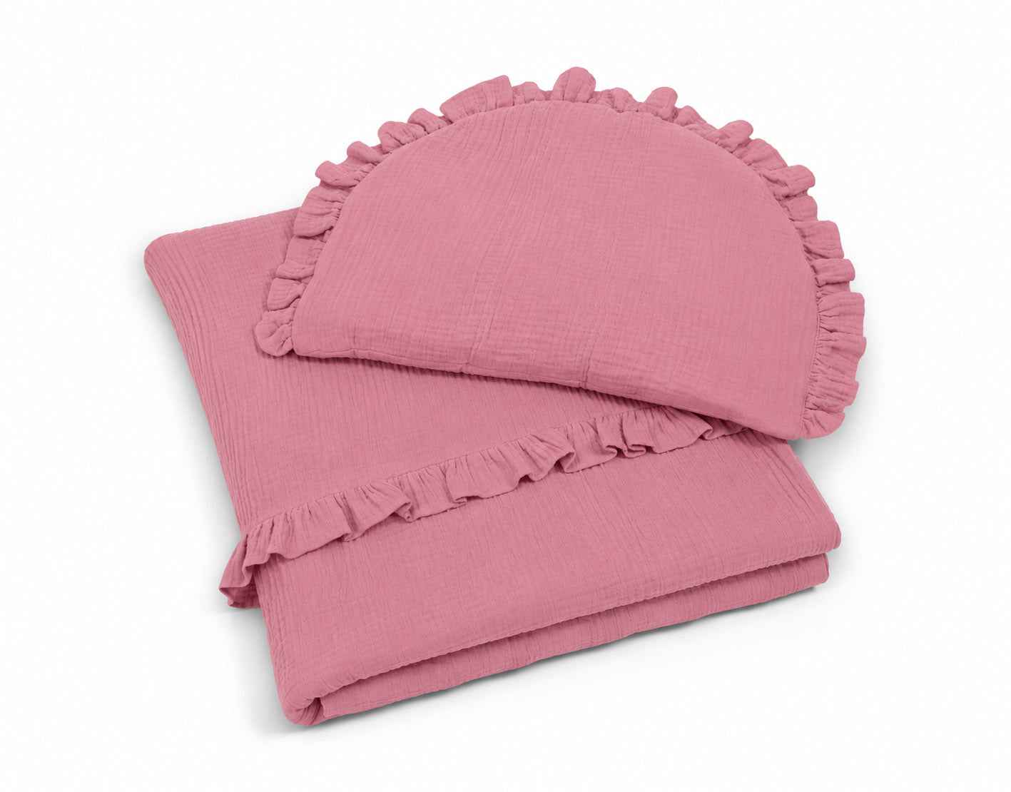 Duvet and a flat pillow MUSLIN with a frill- 2pcs set - retro pink