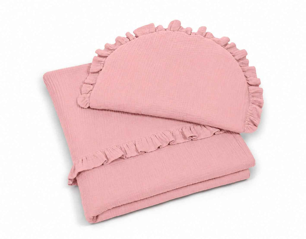 Duvet and a flat pillow MUSLIN with a frill- 2pcs set - pink