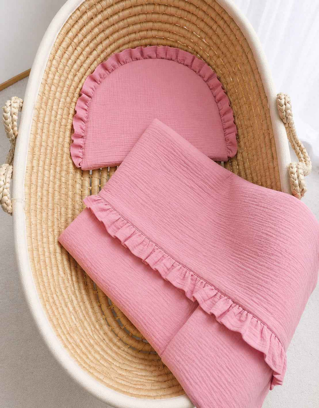 Duvet and a flat pillow MUSLIN with a frill- 2pcs set - pink