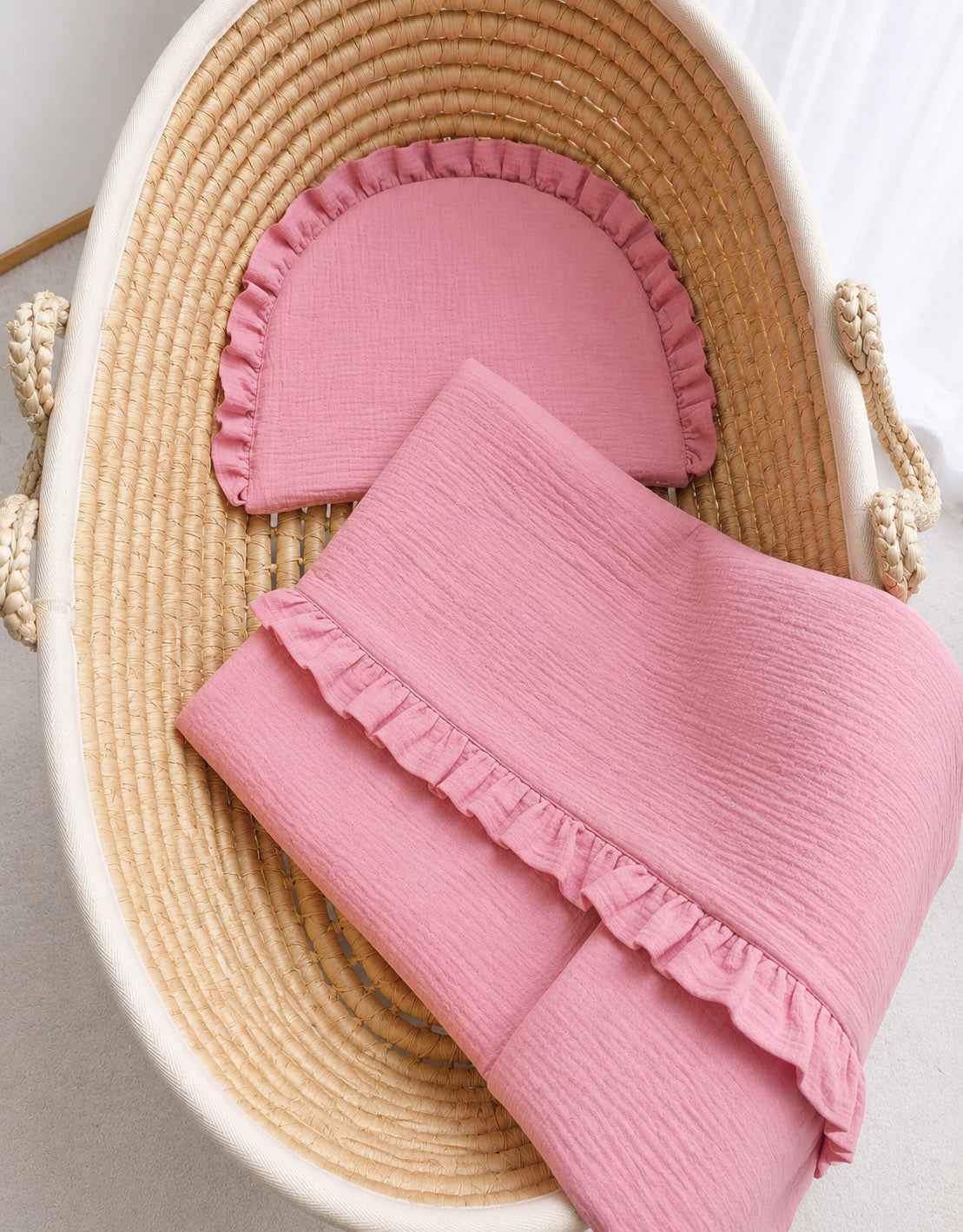 Duvet and a flat pillow MUSLIN with a frill- 2pcs set - pink