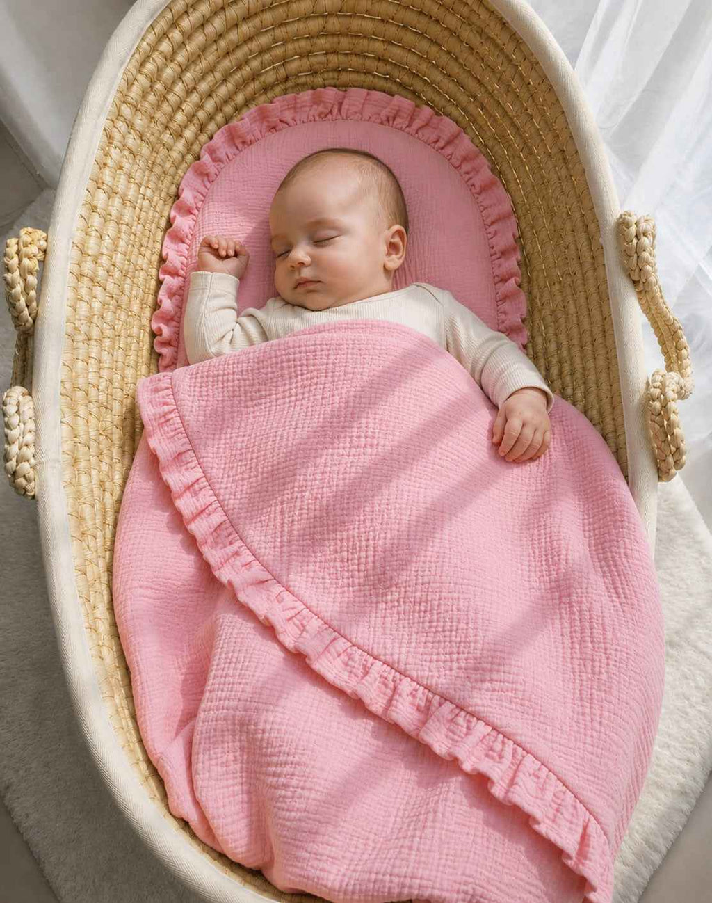 Duvet and a flat pillow MUSLIN with a frill- 2pcs set - pink