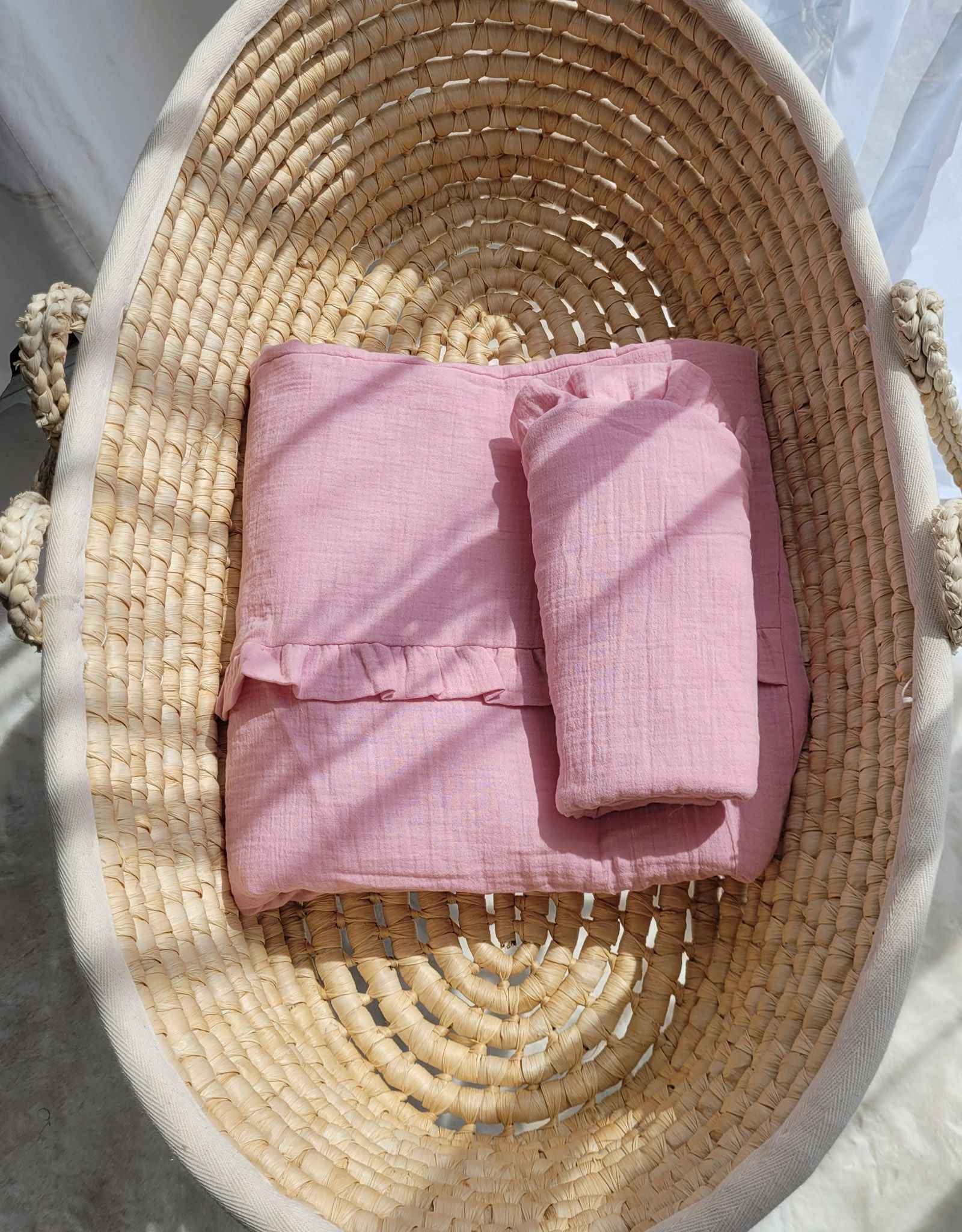 Duvet and a flat pillow MUSLIN with a frill- 2pcs set - pink