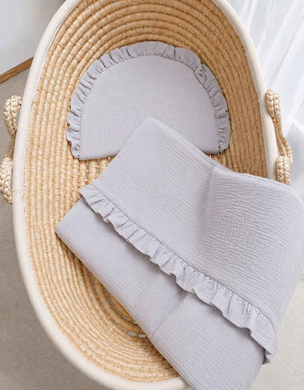 Duvet and a flat pillow MUSLIN with a frill- 2pcs set - grey