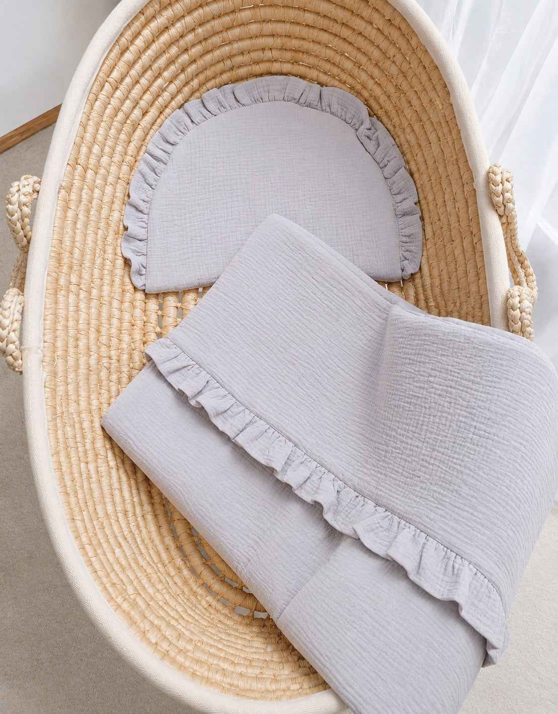 Duvet and a flat pillow MUSLIN with a frill- 2pcs set - grey