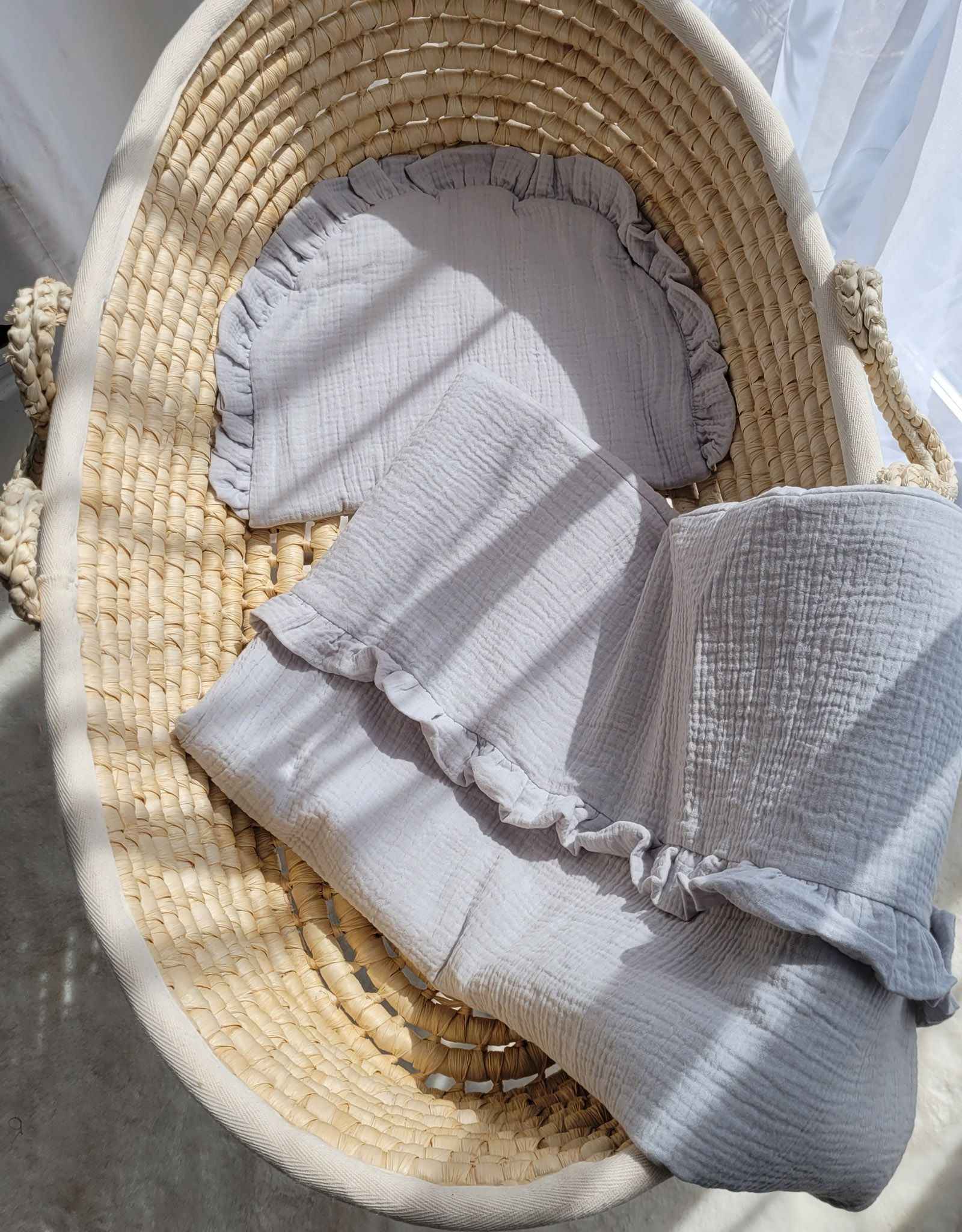 Duvet and a flat pillow MUSLIN with a frill- 2pcs set - grey