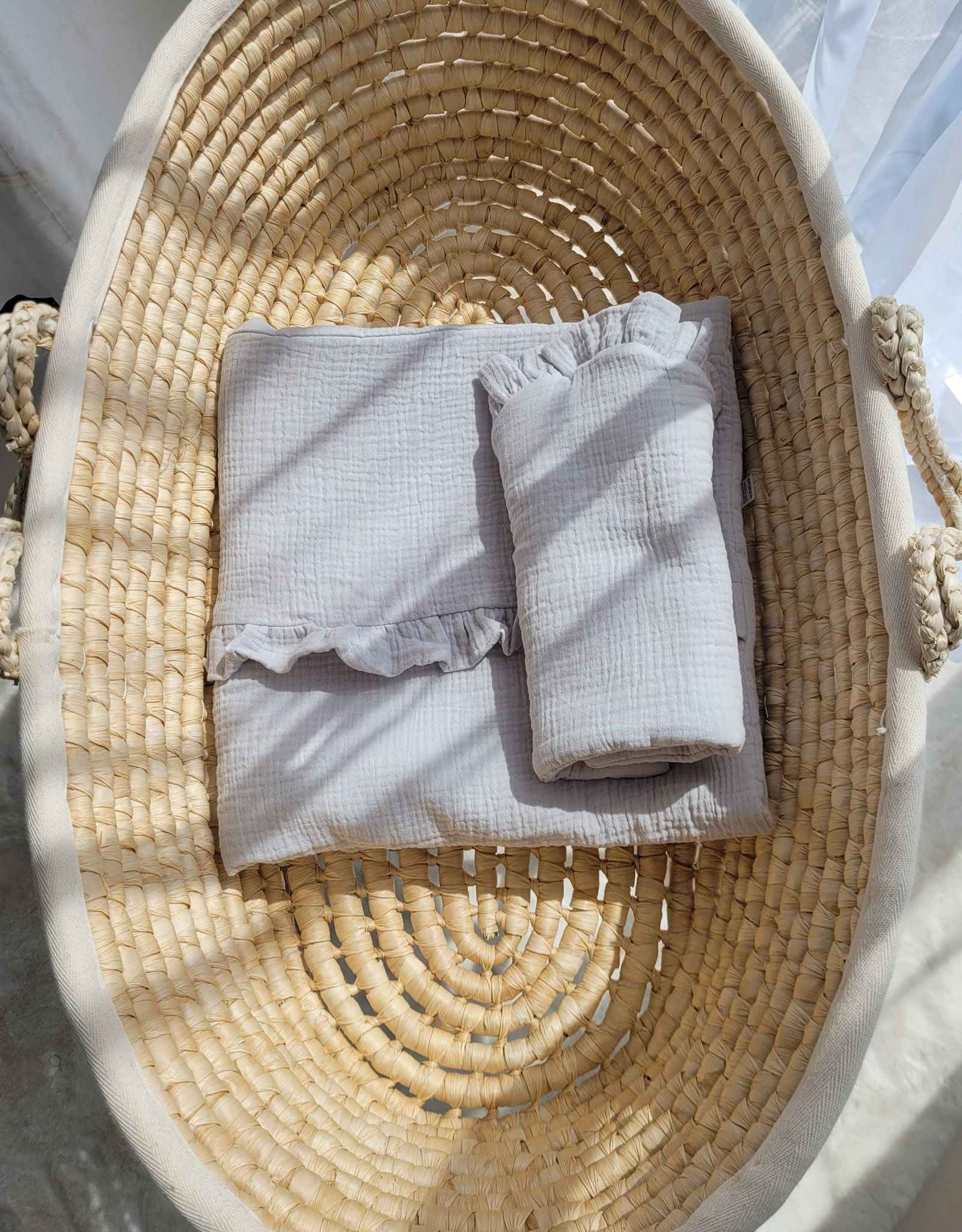 Duvet and a flat pillow MUSLIN with a frill- 2pcs set - grey