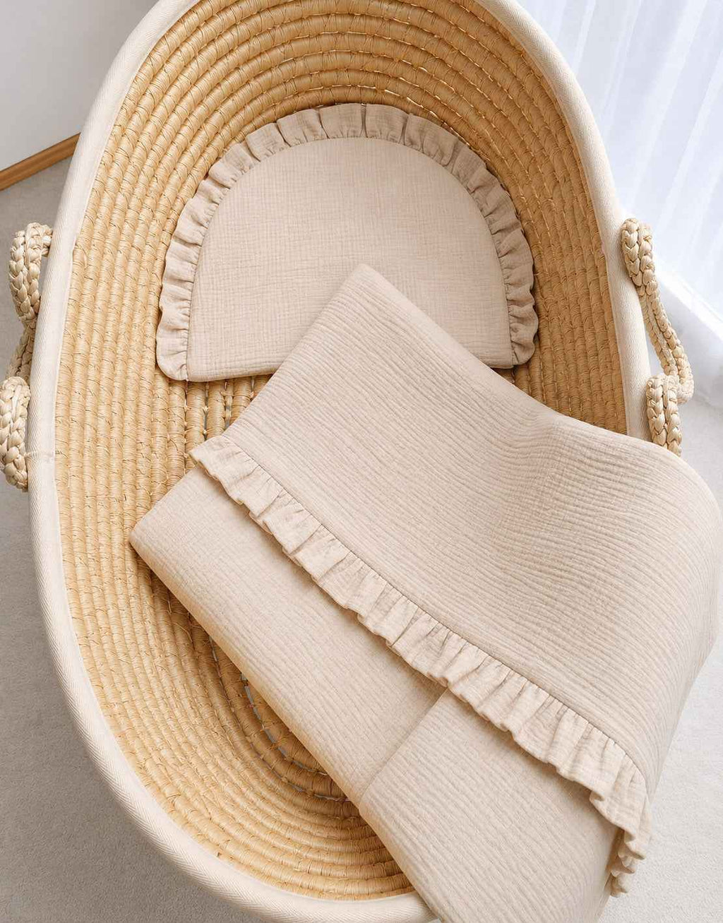 Duvet and a flat pillow MUSLIN with a frill- 2pcs set - cream