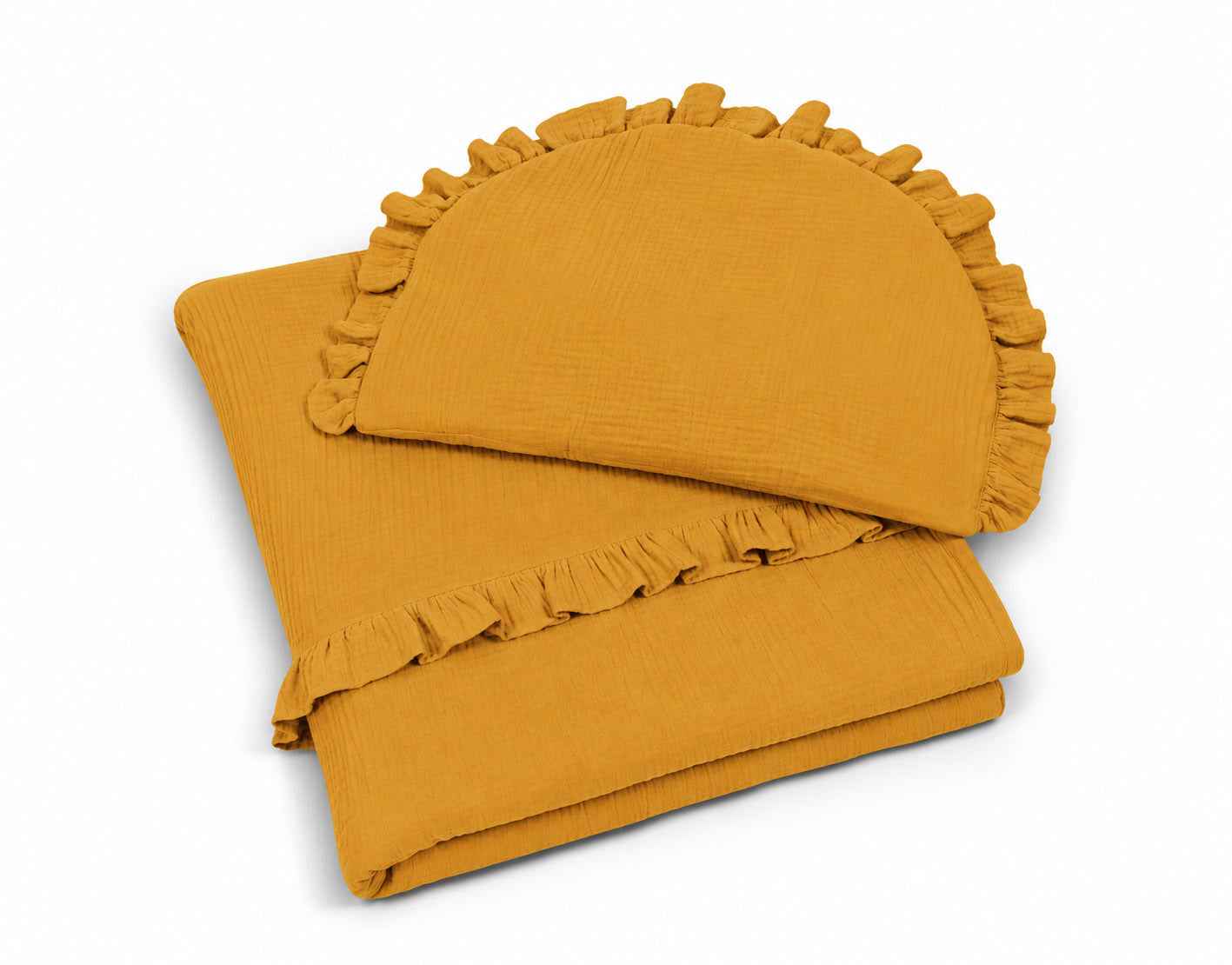 Duvet and a flat pillow MUSLIN with a frill- 2pcs set - honey-yellow