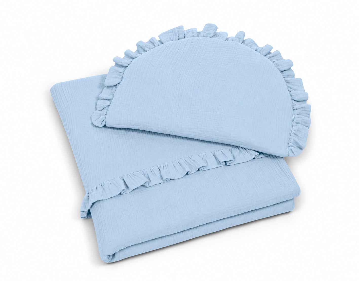 Duvet and a flat pillow MUSLIN with a frill- 2pcs set - blue